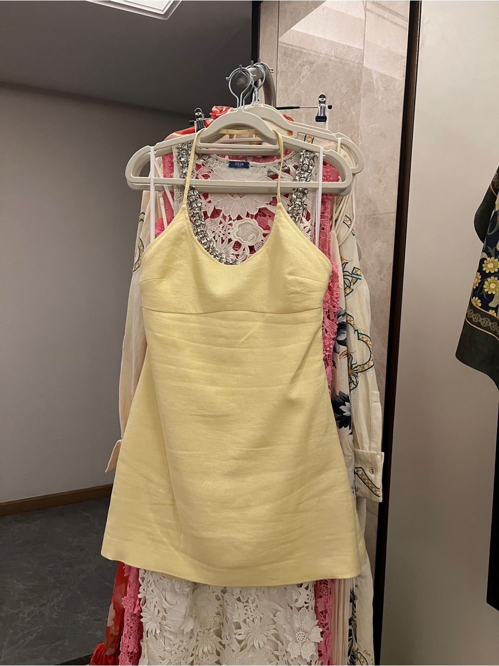 Venroy 100% Linen Halter Neck Scoop Neck Mini Dress Pastel Yellow NWOT - Picture 10 of 13